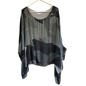 Tempo Paris Silk Abstract Print Poncho Blouse Made in Italy Grey Black M/L